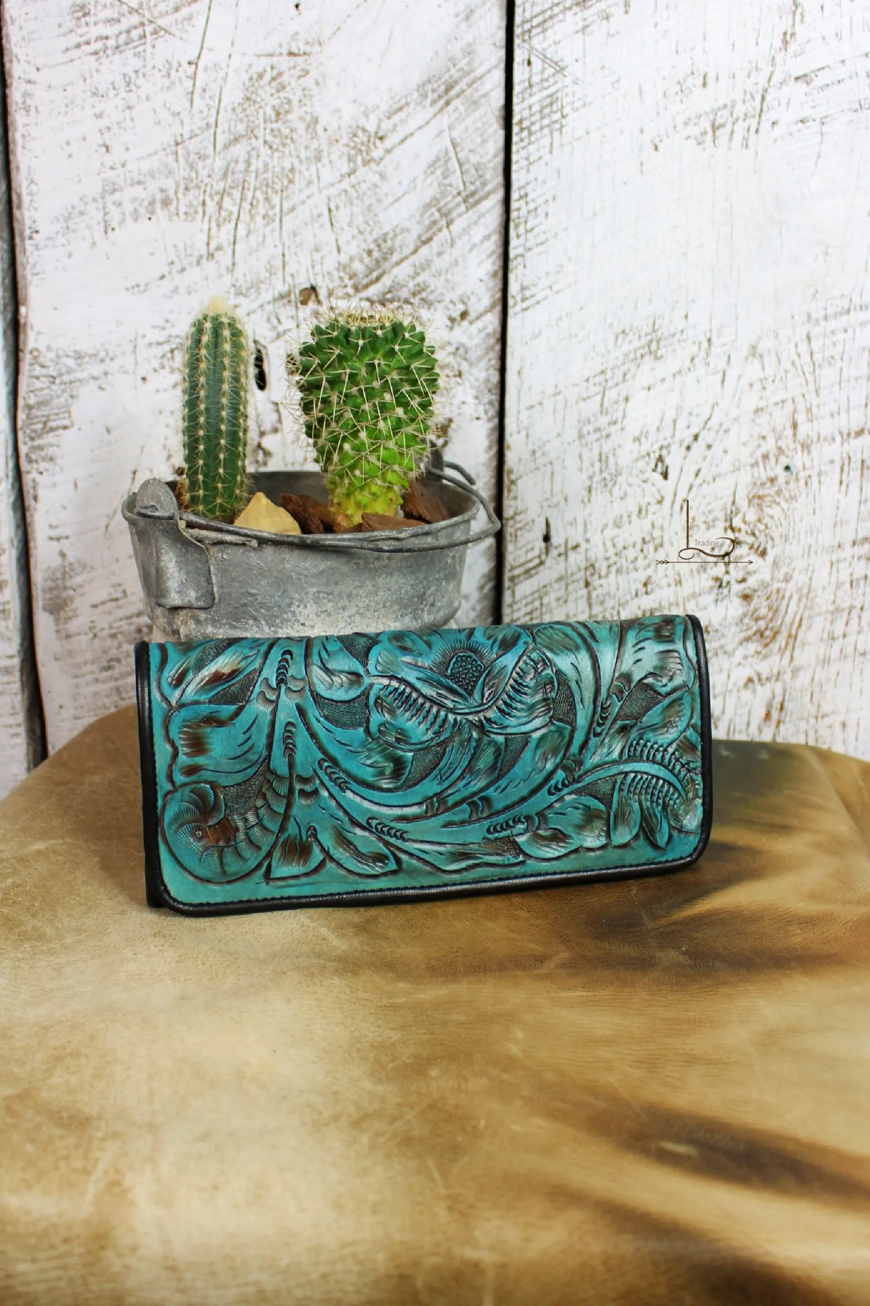 Antonio Tooled Leather Wallet in Turquoise