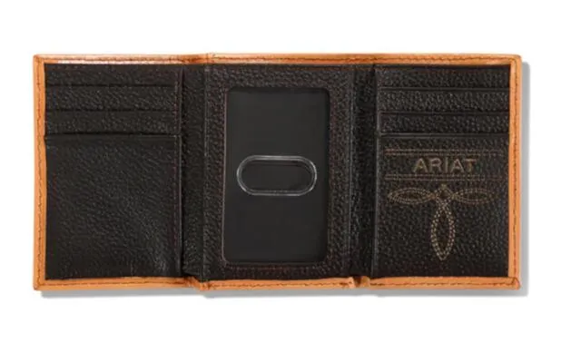 Ariat Mens Western Trifold Wallet Leather Embossed Logo Flowers Tan