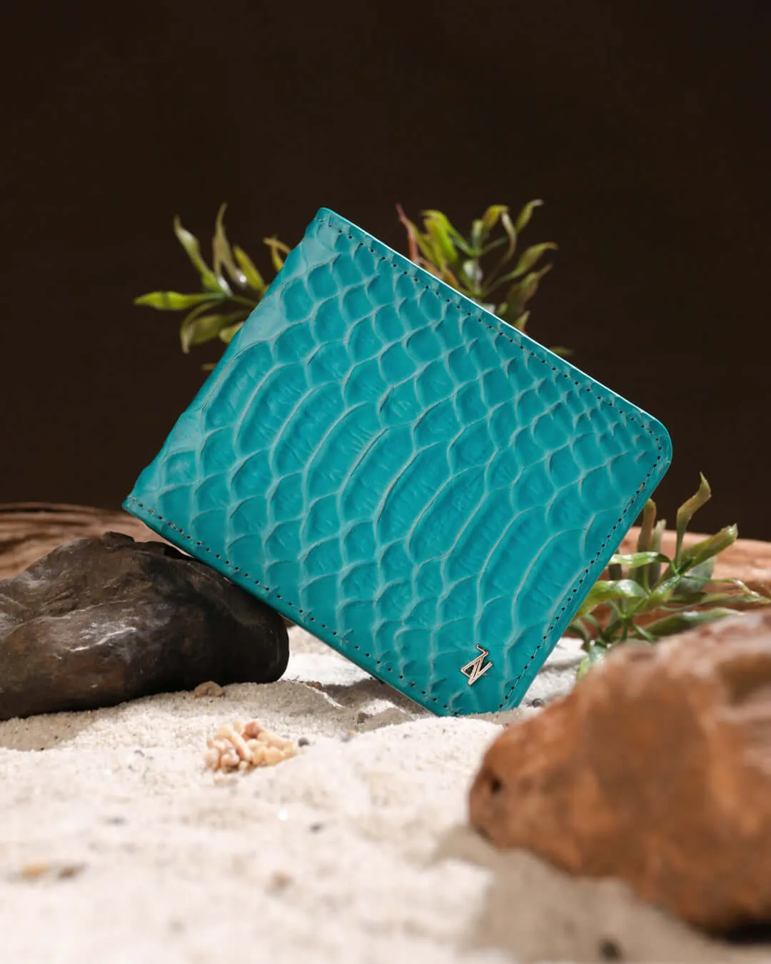 Artemis Python Wallet - Aqua and Beige Leather