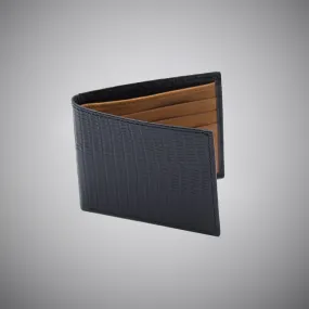 Black Lizard Skin Embossed Calf Leather Wallet With Tan Suede Interior