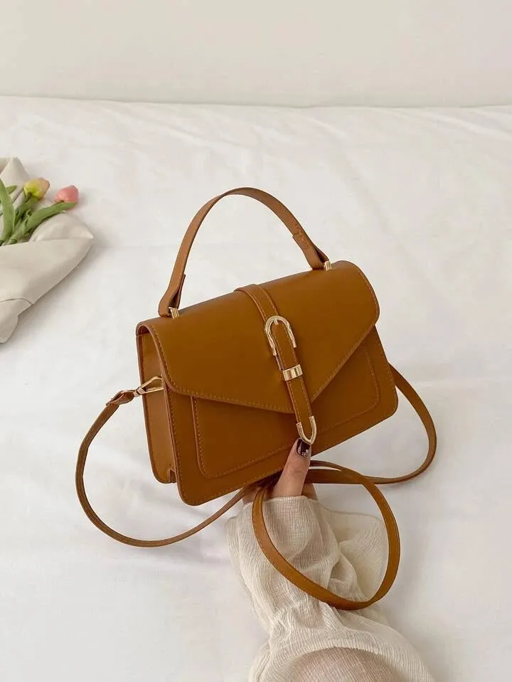 Buckle decor flap square bag in brown