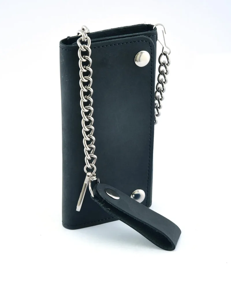 BWC238 Matte Black Biker Leather Wallet with Chain