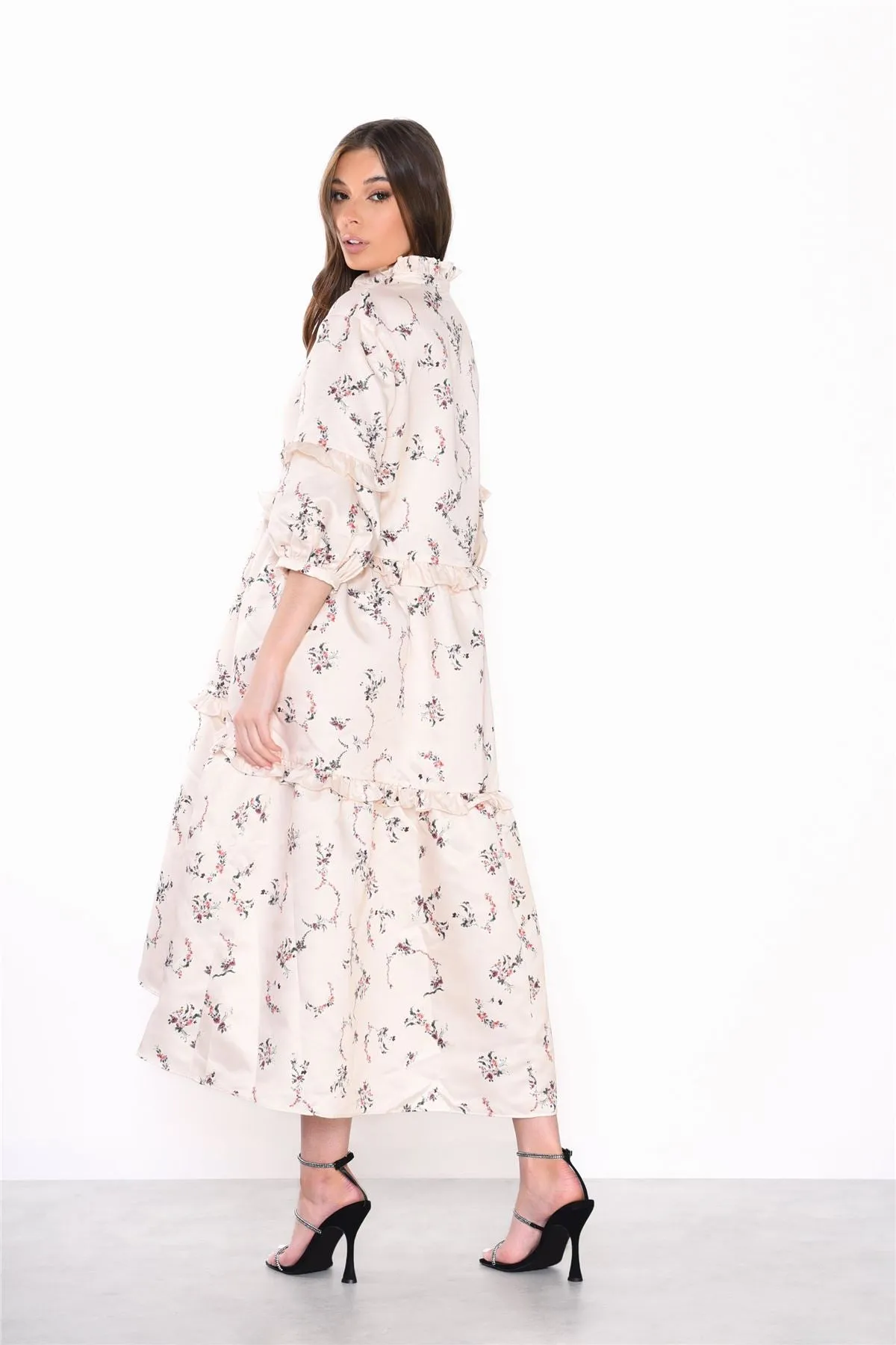 Cream Dainty Floral Long Sleeve Puff Button Up Midi Dress