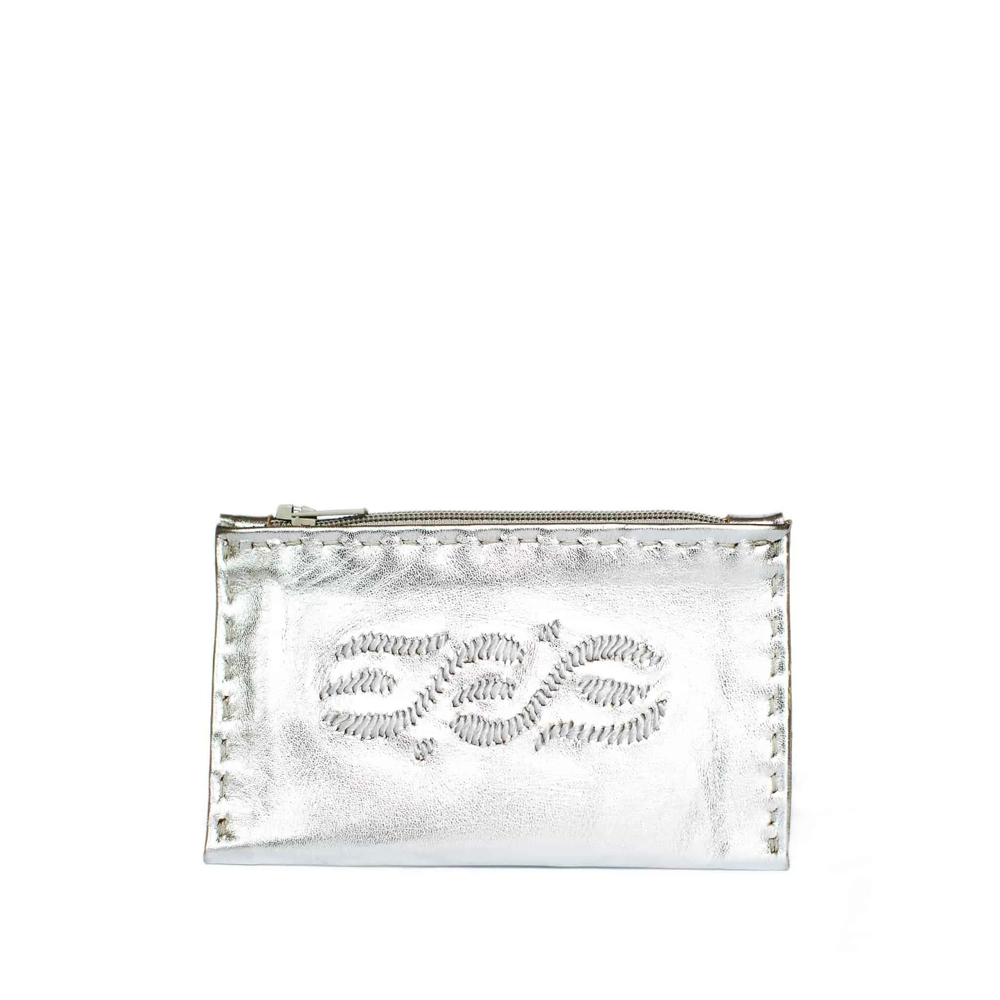 Embroidered Leather Coin Wallet in Silver