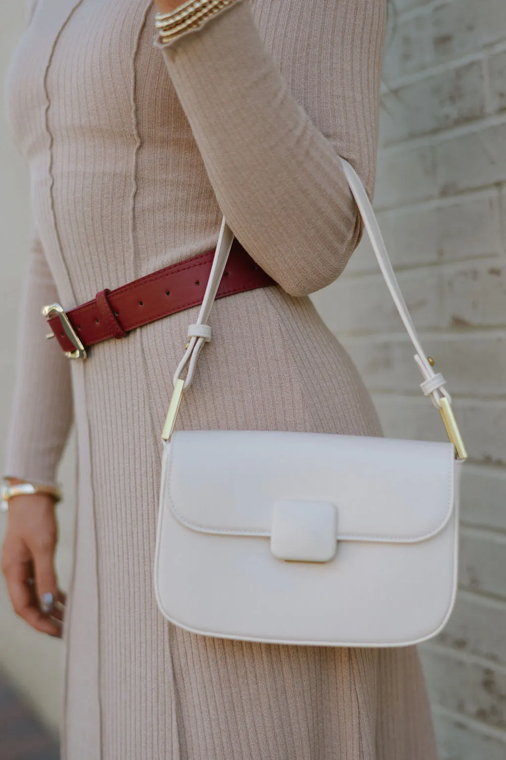 Faux Leather Shoulder Bag-Cream