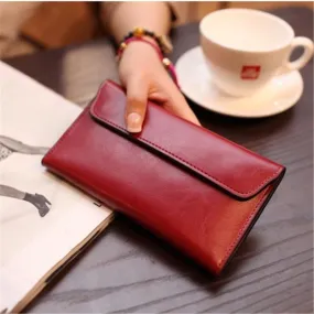 Genuine Leather Women Long Wallet With Magnetic Closure