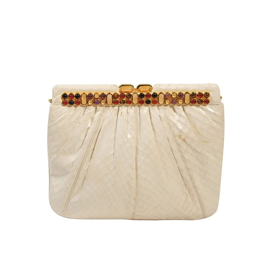 JUDITH LEIBER Cream Snakeskin Clutch with Multi-Stone Gold Frame