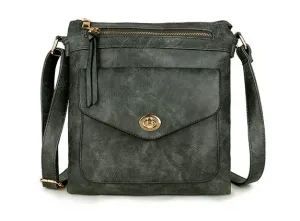 LARGE DARK GREY TURN LOCK MULTI COMPARTMENT CROSS BODY SHOULDER BAG WITH LONG STRAP