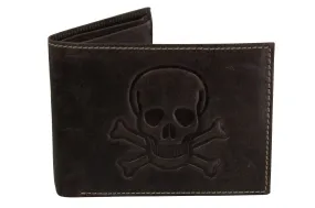 Optimize the title of this e-commerce product to: Xact Clothing Genuine Leather Wallet with Embossed Skull & Crossbones Design for Men