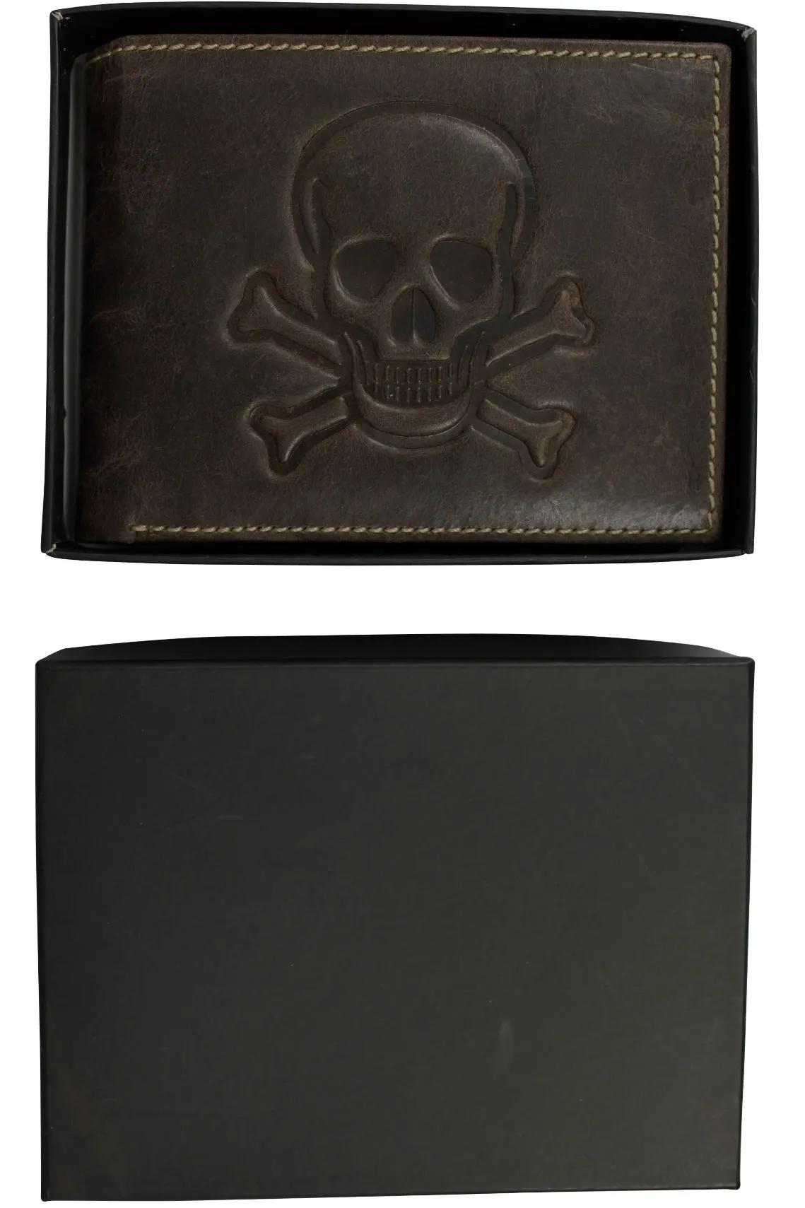 Optimize the title of this e-commerce product to: Xact Clothing Genuine Leather Wallet with Embossed Skull & Crossbones Design for Men