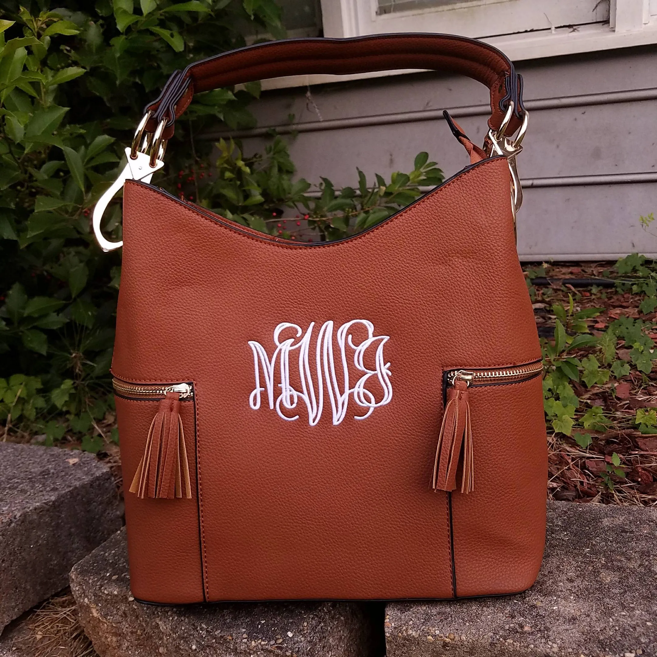 Monogrammed Double Tassel pocket Brown hobo bag -The Morgan