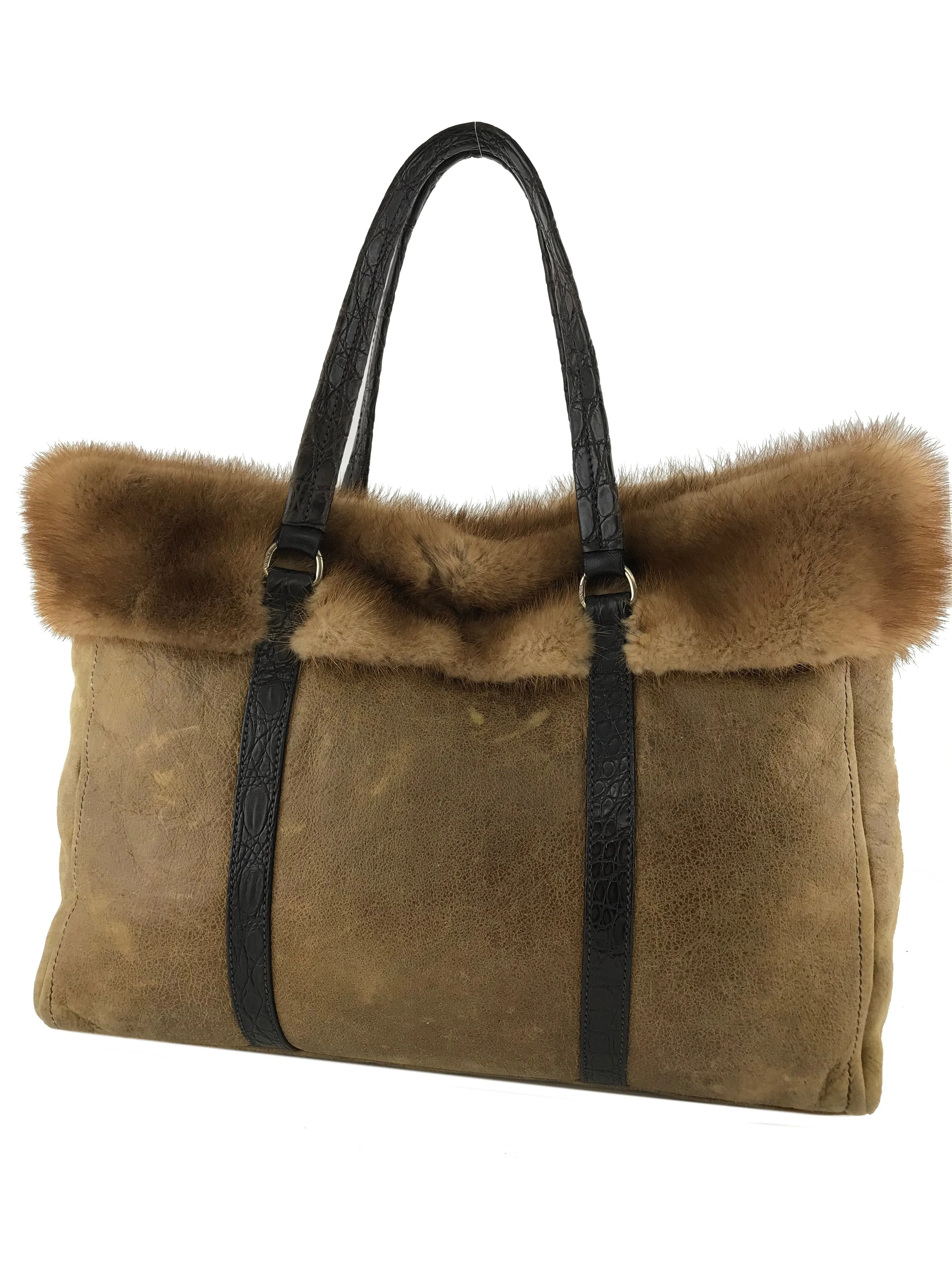 Prada Distressed Leather Mink Fur Shopping Tote Bag