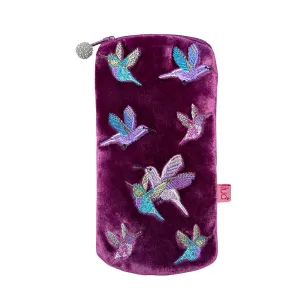 PU242 Plum Hummingbird Velvet Zipped Glasses Purse By Lua