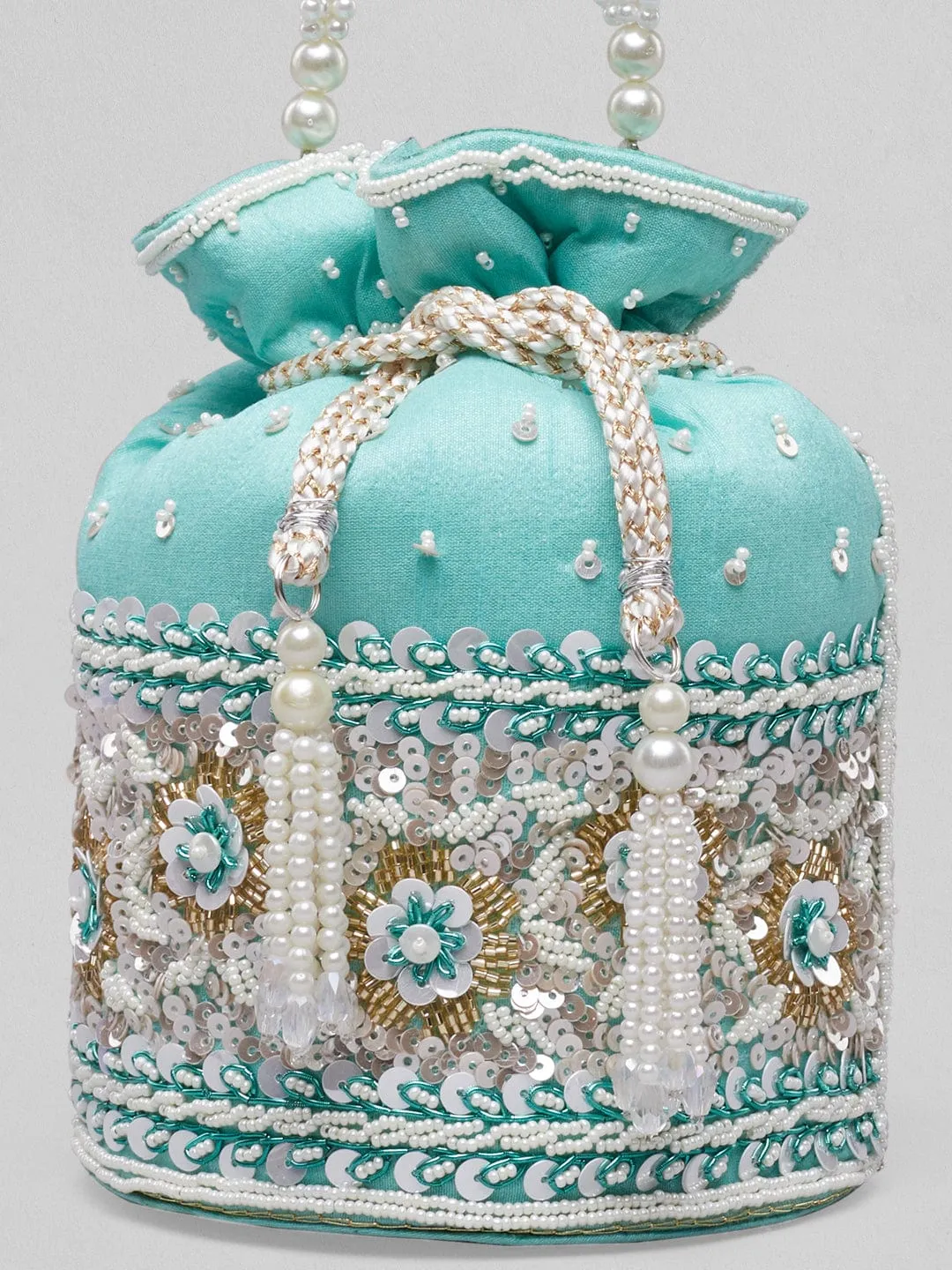 Rubans Mint Coloured Potli Bag With Golden And White Embroided Design.