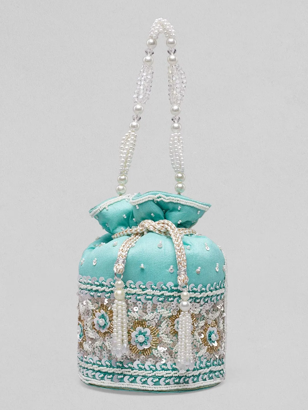 Rubans Mint Coloured Potli Bag With Golden And White Embroided Design.