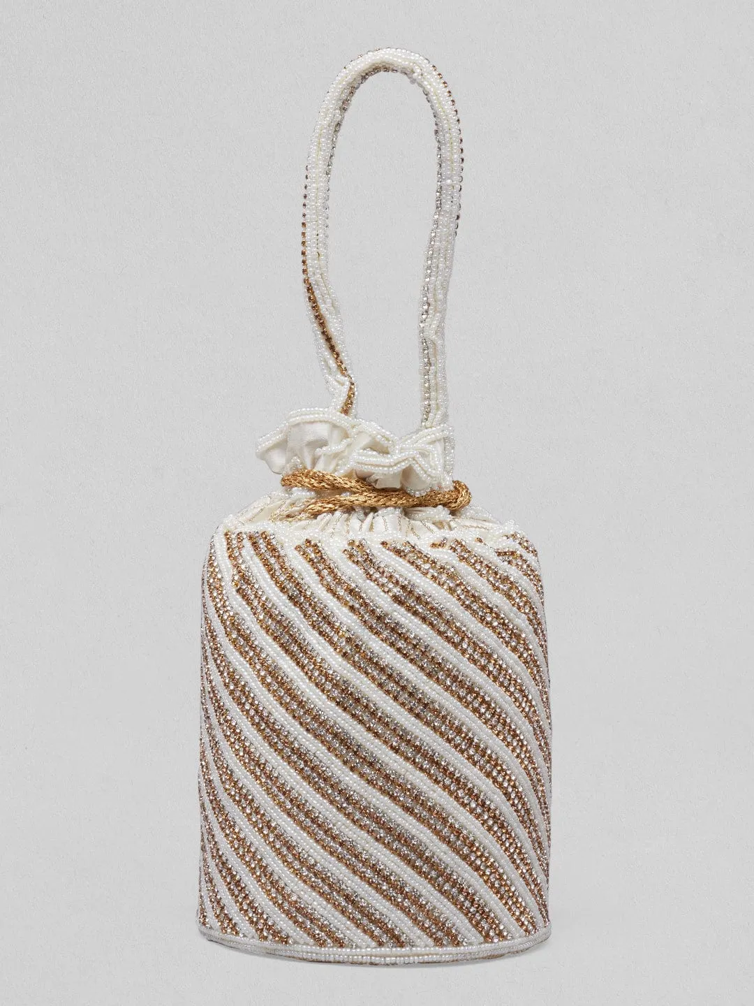 Rubans White Coloured Potli Bag With Golden Embroided Design.