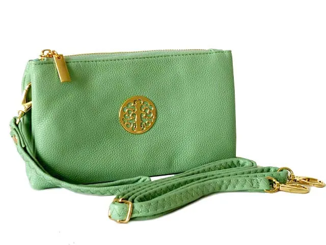 SMALL MULTI-COMPARTMENT CROSS-BODY PURSE BAG WITH WRIST AND LONG STRAPS - PASTEL GREEN