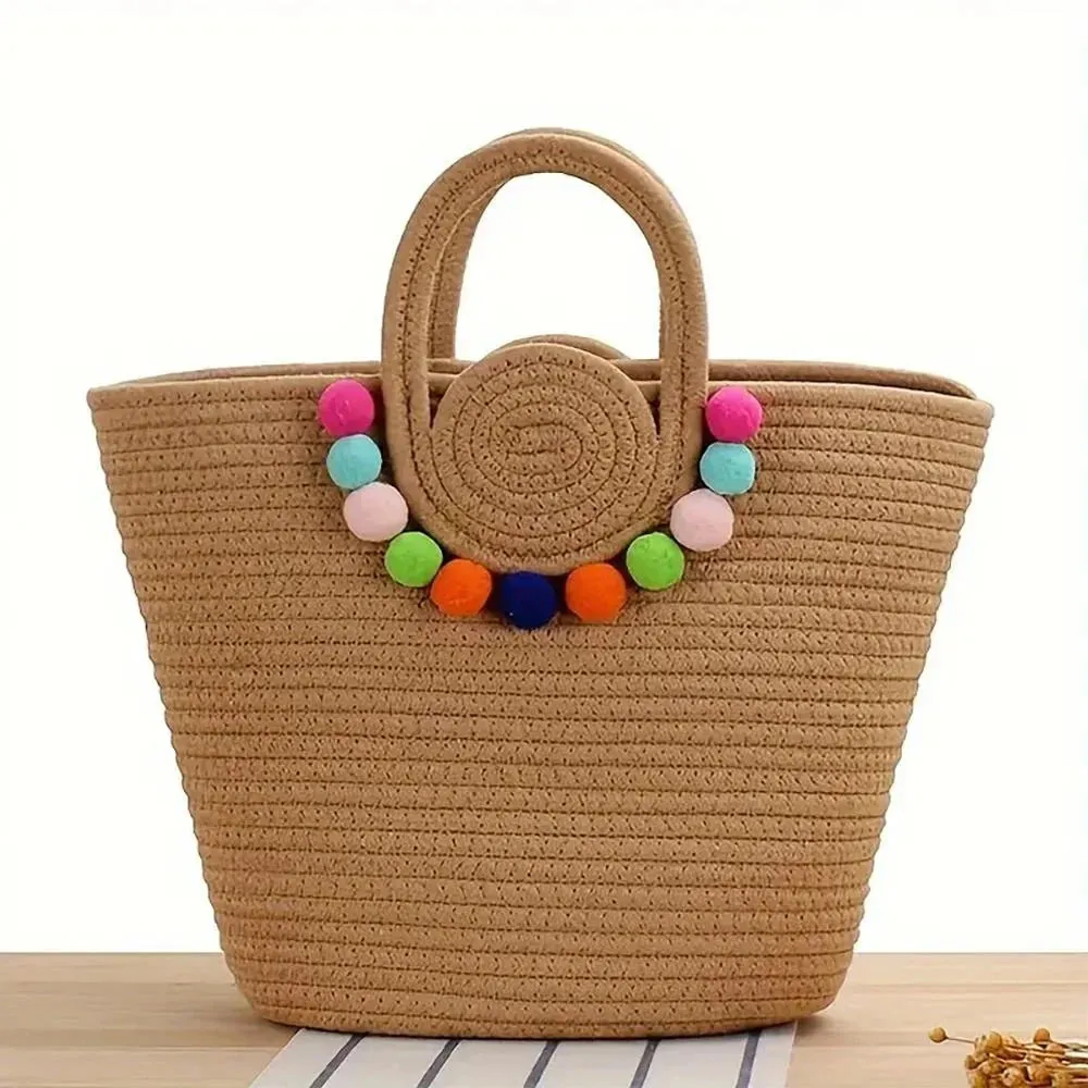 Summer Tote Bag With Colorful Poms