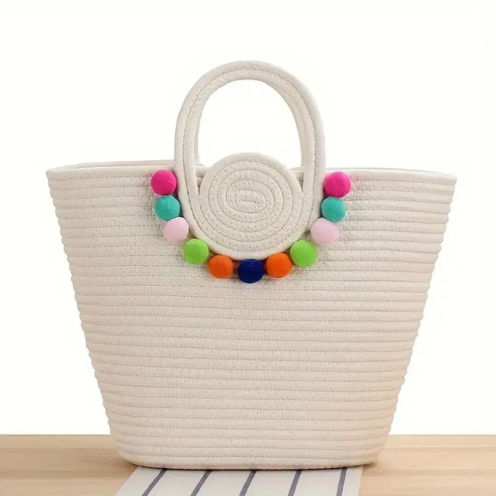 Summer Tote Bag With Colorful Poms